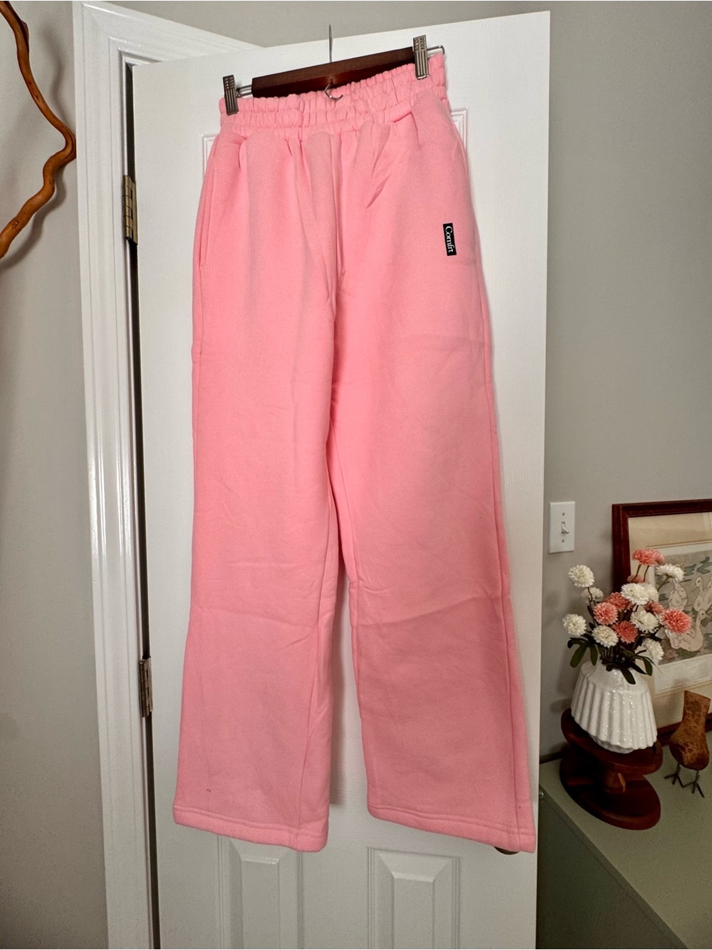 COMFRT Wide Leg Pink Fleece Pants - Elastic Waist